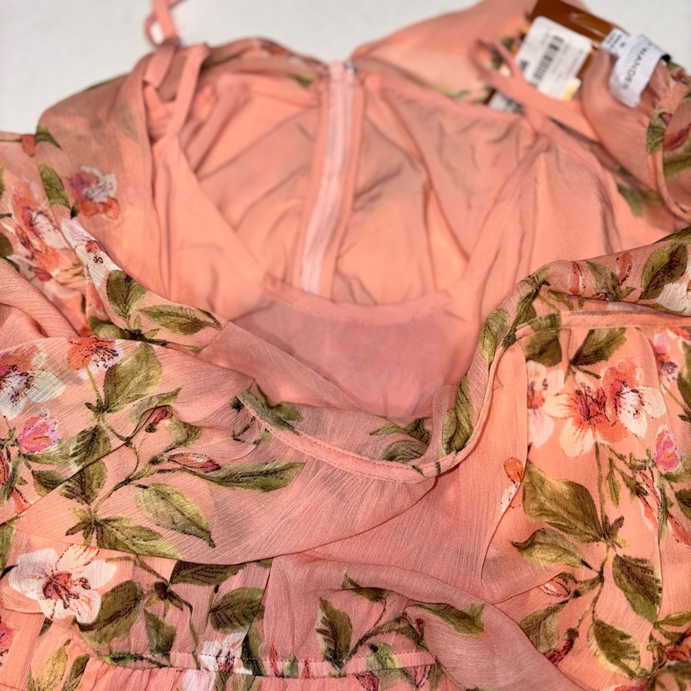 Lost + Wander Sunset Fleurs Mini Dress coral floral tiered ruffles medium - Picture 7 of 13